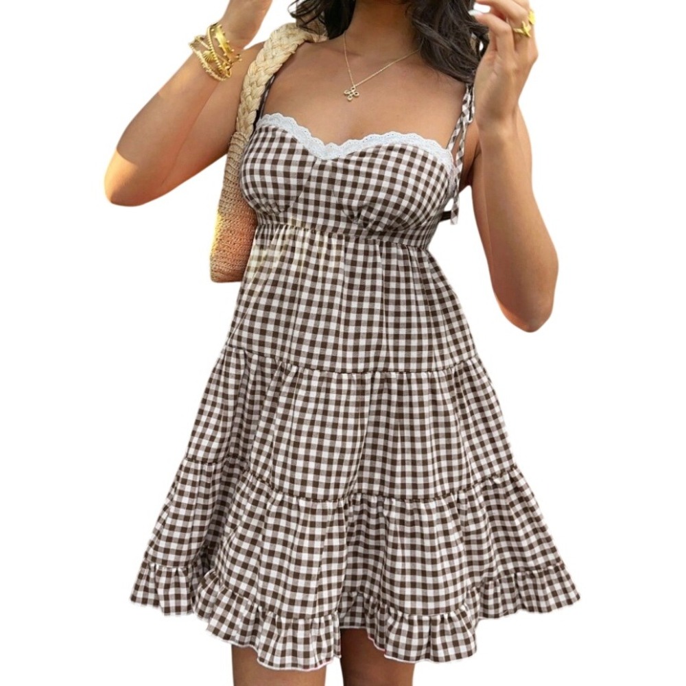 Gingham Mini Dress XS Brown Retro Babydoll Lace Trim Pumpkin Patch